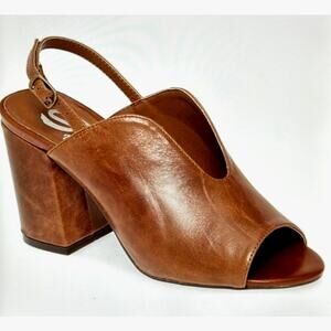Real Leather Sling Back Chunky Heel Peep Toe Sbicca Windor Brown size 7